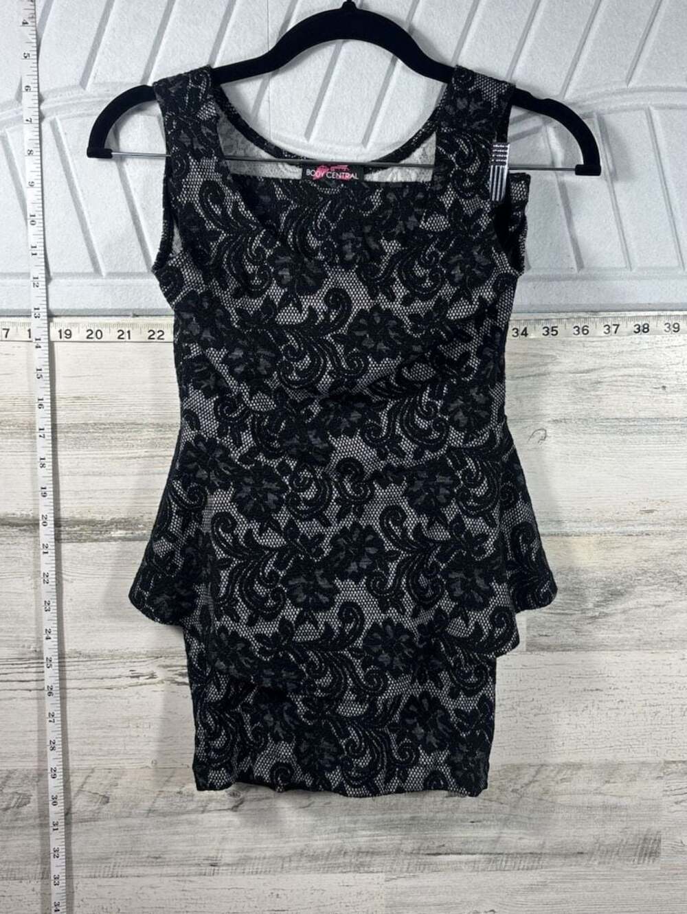Body Central Black and Grey Floral Lace Two Piece Peplum Top and Skirt Set